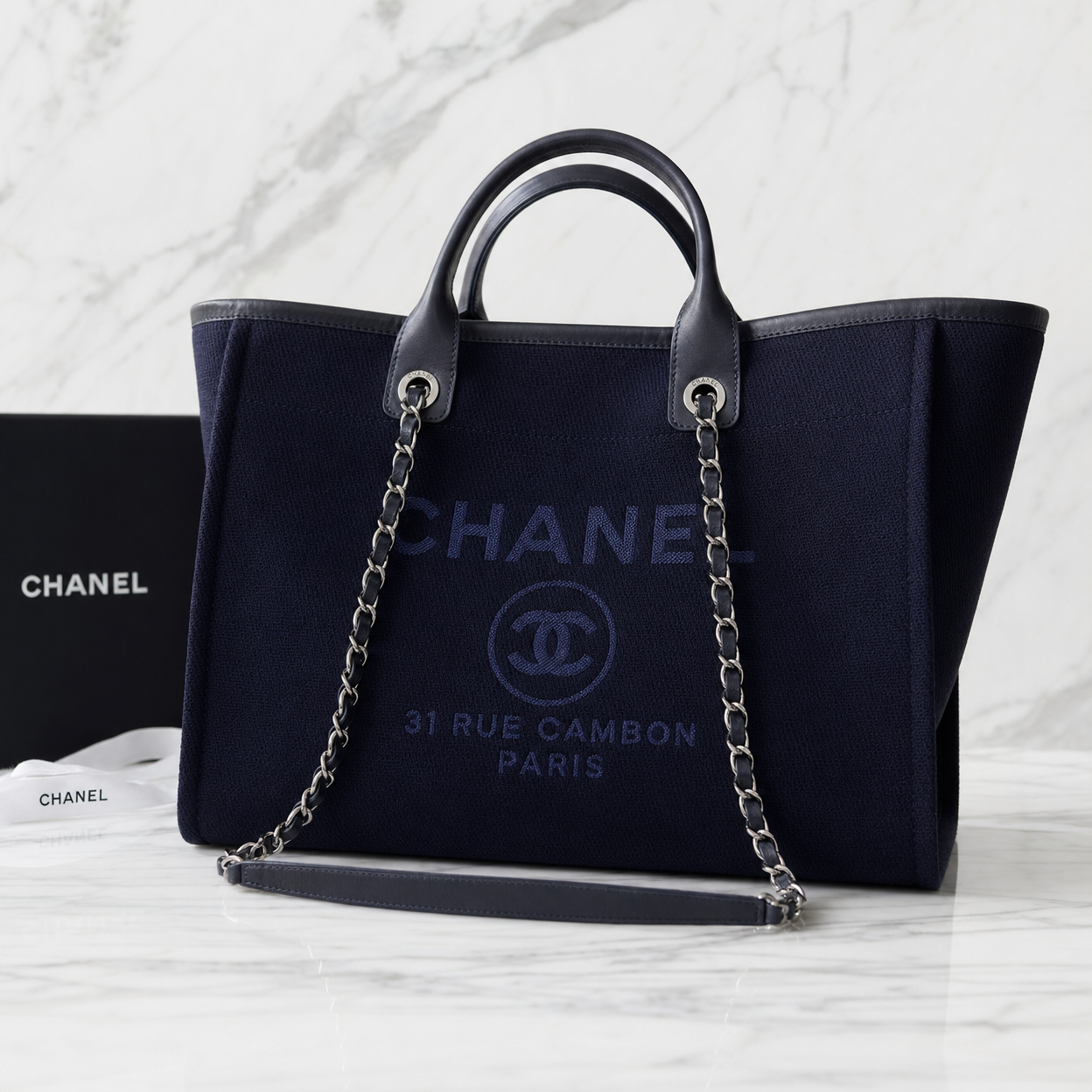Chanel Deauville Tote — Small (Navy Canvas)