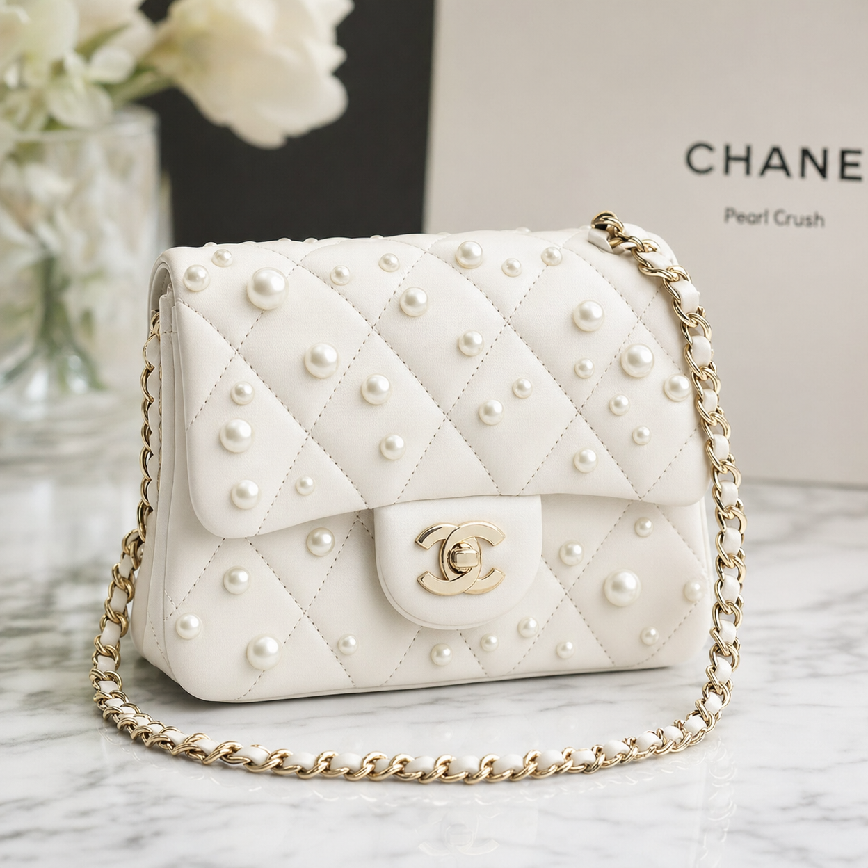 Chanel Pearl Crush Mini Flap (White Lambskin)
