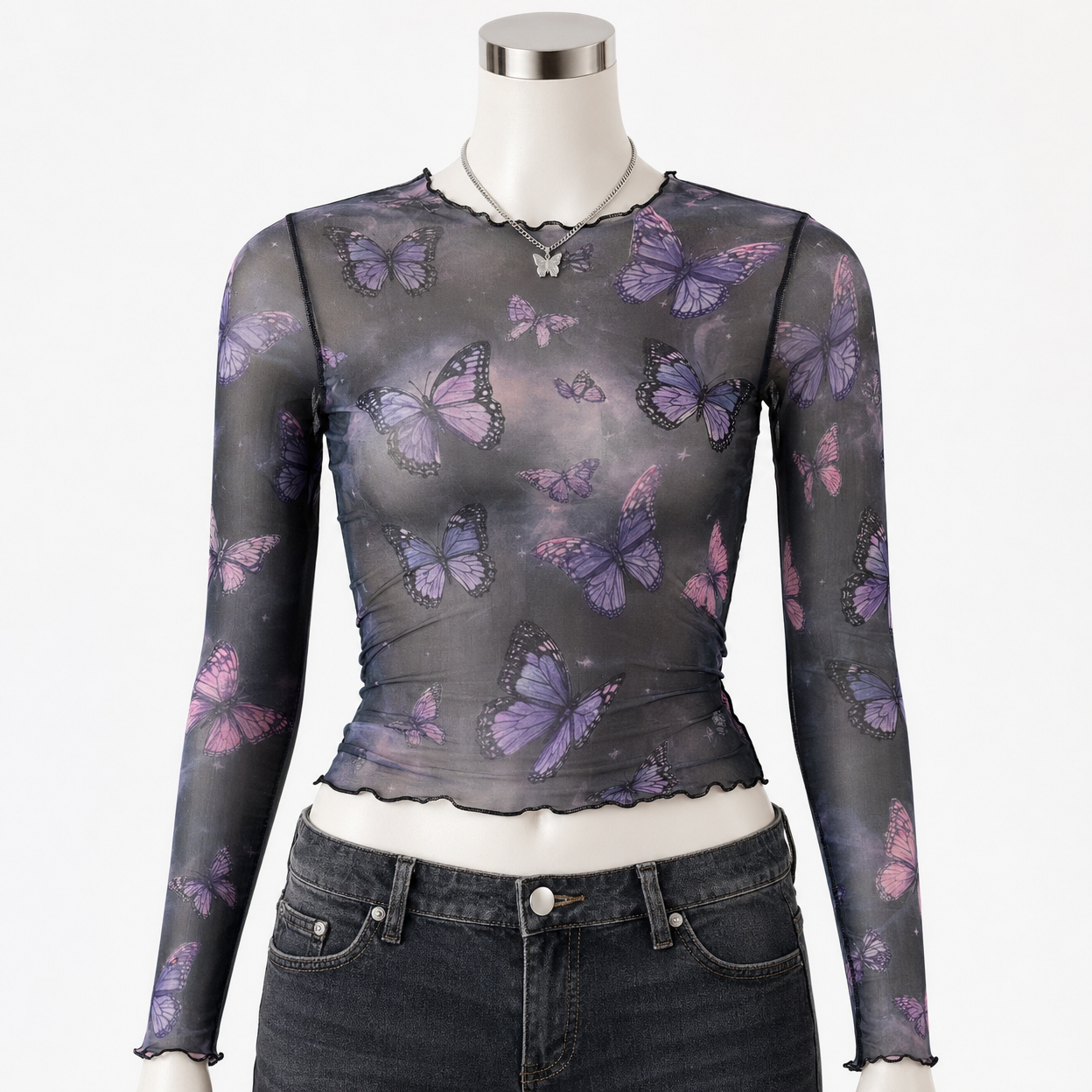 Butterfly Print Mesh Top